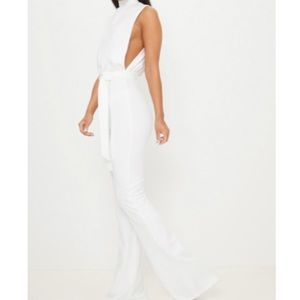 White Scuba High Neck Tie Waist Jumpsuit